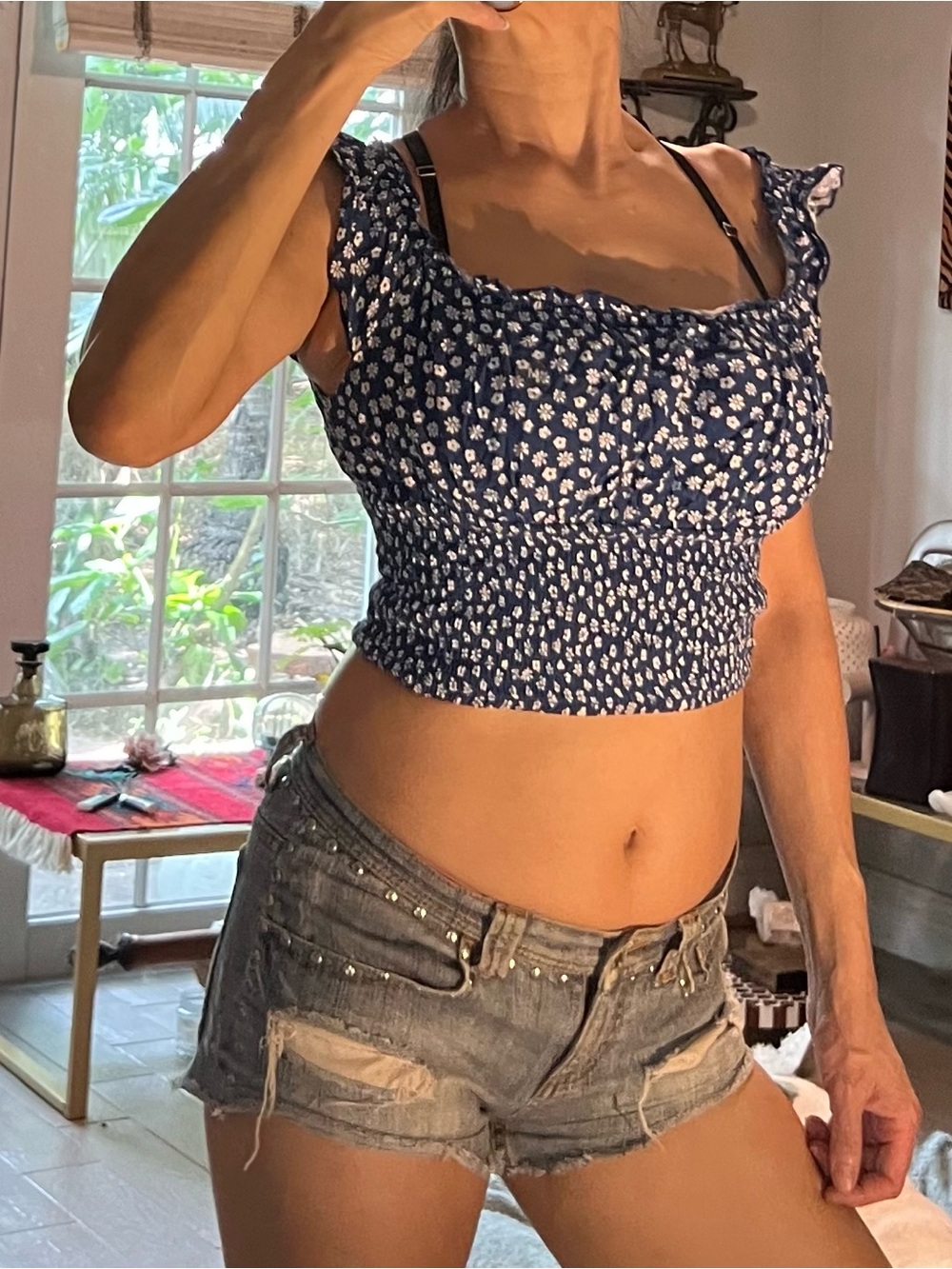 LA Hearts Blue Floral Smocked Crop Top - Women